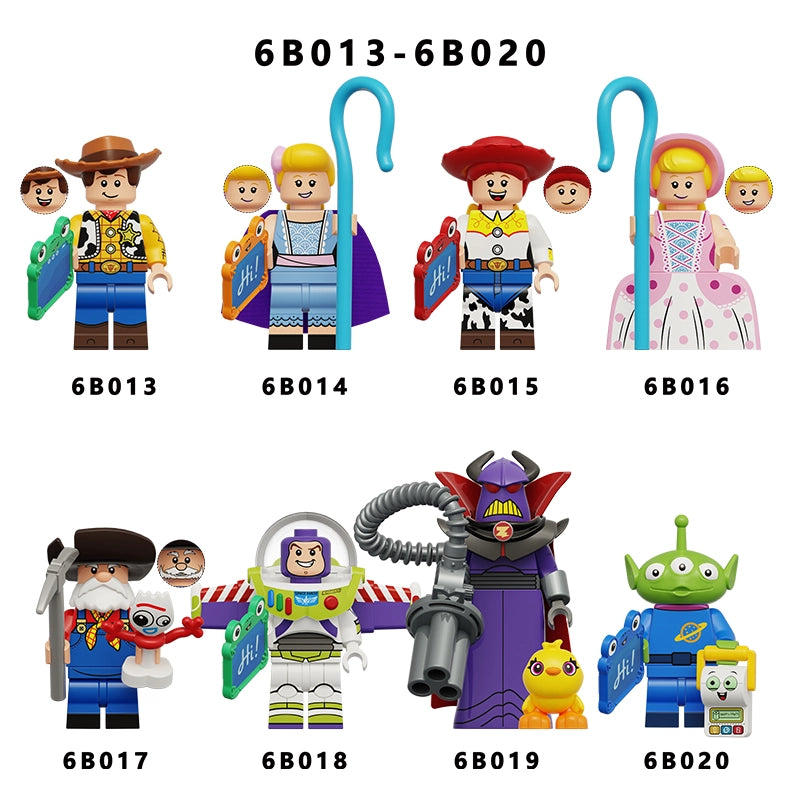 A set of eight toy building block minifigures from Toy Story and Buzz Lightyear, arranged in two rows on a white background with product codes printed below each figure.