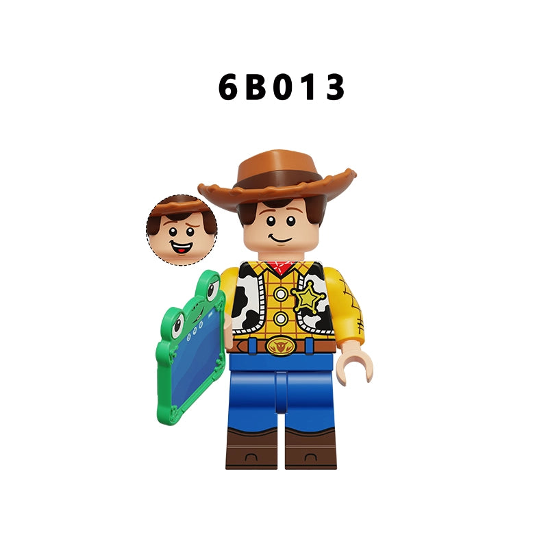 A toy minifigure resembling Woody from Toy Story, shown against a plain white background with the text '6B013' above it. The figure wears a brown cowboy hat, yellow vest with black-and-white cow print, blue pants, and brown boots, and holds a green crocodile-shaped item.