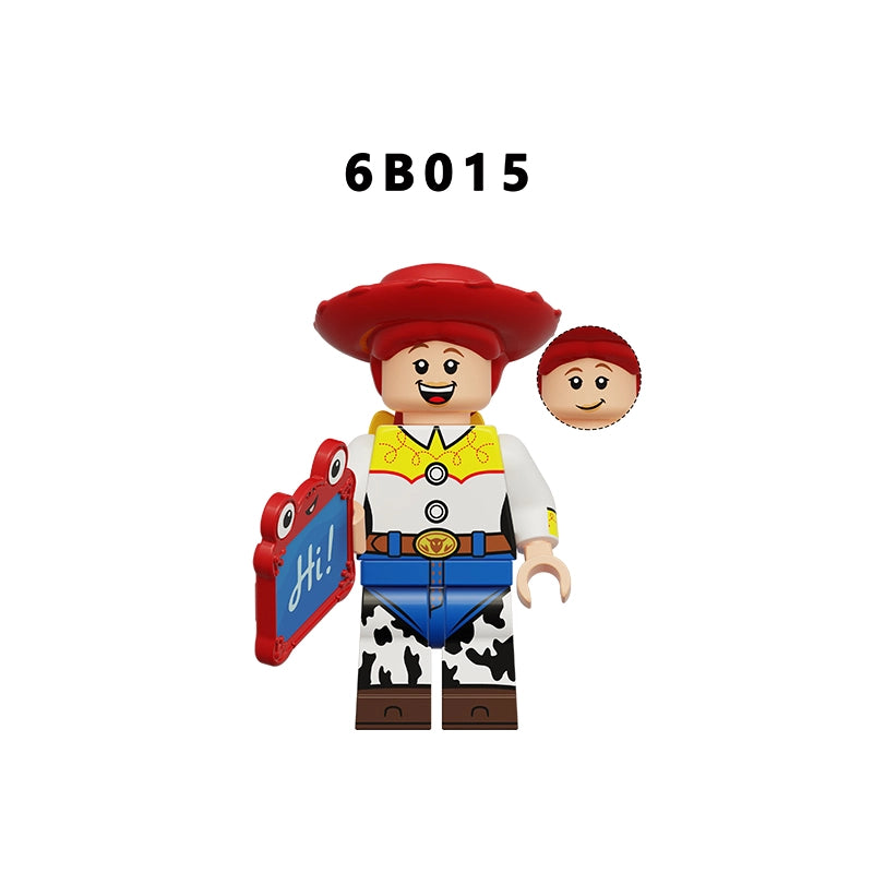A toy minifigure styled as Woody from Toy Story, shown against a plain white background with a black text code '6B015' above it. The figure wears a red cowboy hat, white shirt, blue pants, and holds a red sign.