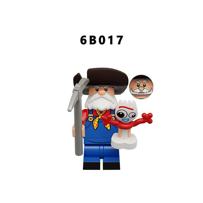 A toy minifigure set on a plain white background, featuring a blue overalls character with a white beard, black hat, yellow neckerchief, gray pickaxe, and a small white character with red details. The text '6B017' appears above, and a circular inset shows a close-up of the face piece.
