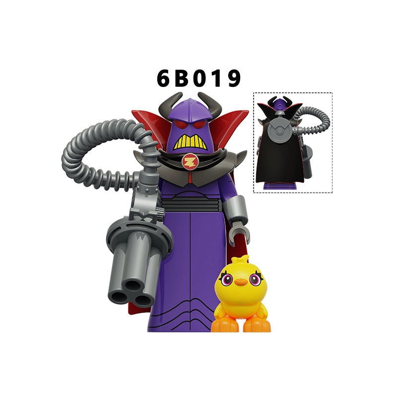 A toy building-block style minifigure set on a white background, featuring a purple and black villain figure with red accents, a gray cannon, and a small yellow duck-like companion. The text '6B019' appears above, and a small inset shows an alternate head attachment.