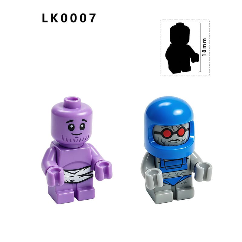 Two small toy minifigures shown on a white background, labeled LK0007. One figure is purple with a black-and-white striped waist, and the other is blue and gray with red eyes and a helmet.
