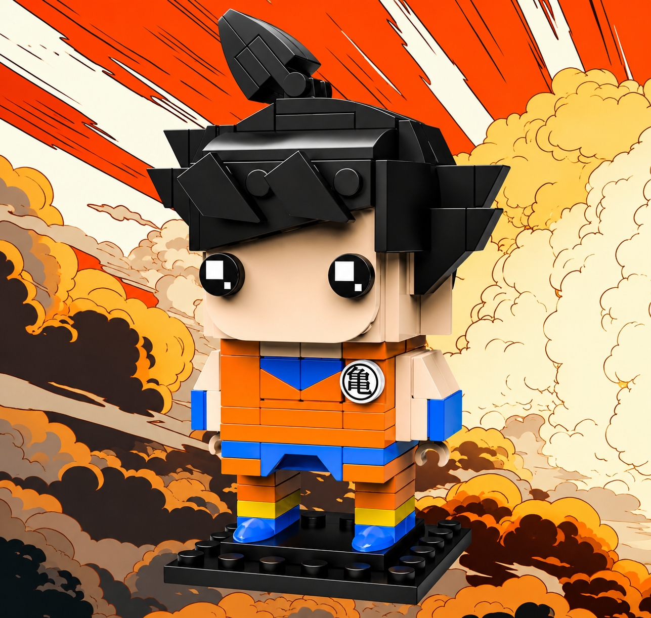A block-style toy figure resembling a cartoon warrior in an orange and blue outfit with a black spiky helmet, standing on a black base against an illustrated orange and cream comic-book explosion background.