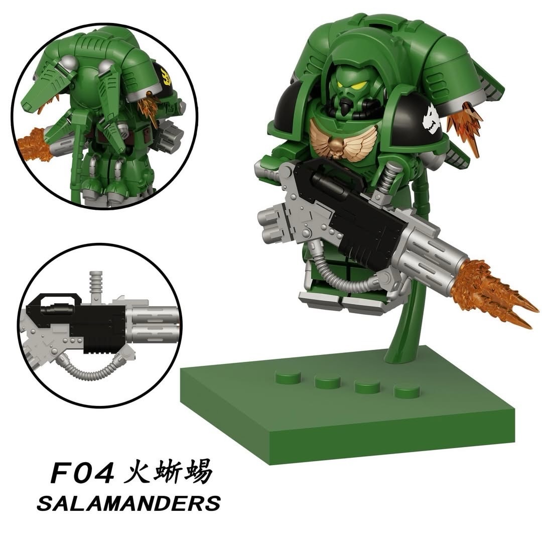 Green Salamanders toy model with a large green armored body, black and silver weapon, and green display base on a white background, with two circular detail insets and the text 'F04 火蜥蜢 SALAMANDERS'.