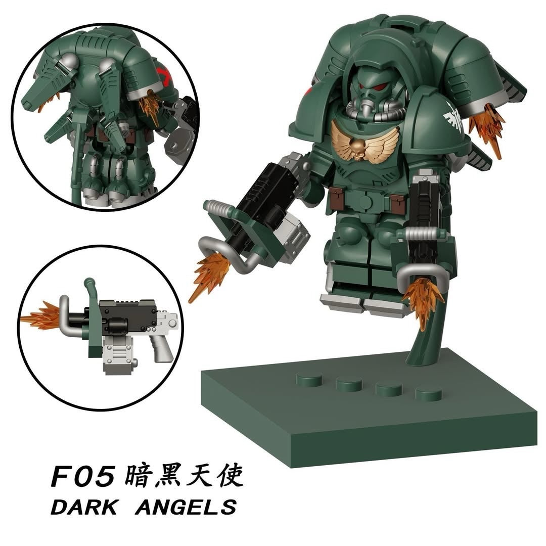A dark green armored toy soldier figure on a matching display base, shown on a white background with two circular inset detail views and the text 'F05 暗黑天使 DARK ANGELS'. The figure has a skull-like face, mechanical armor, flame effects near the hands, and a weapon accessory.