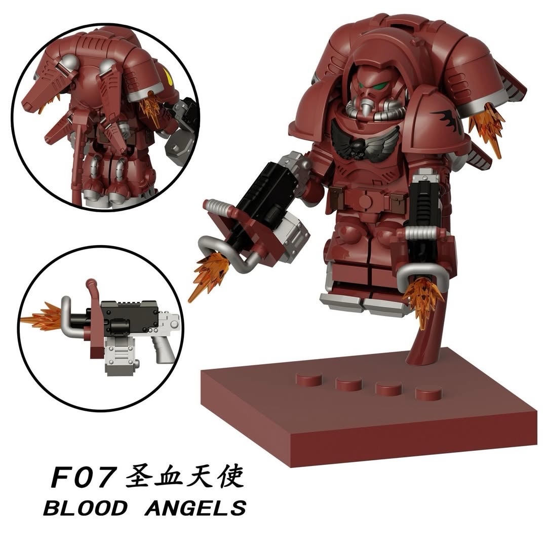 A red armored toy soldier model on a matching display base, shown with two circular detail insets highlighting the shoulder armor and a weapon attachment. Text at the bottom reads 'F07 圣血天使 BLOOD ANGELS'.