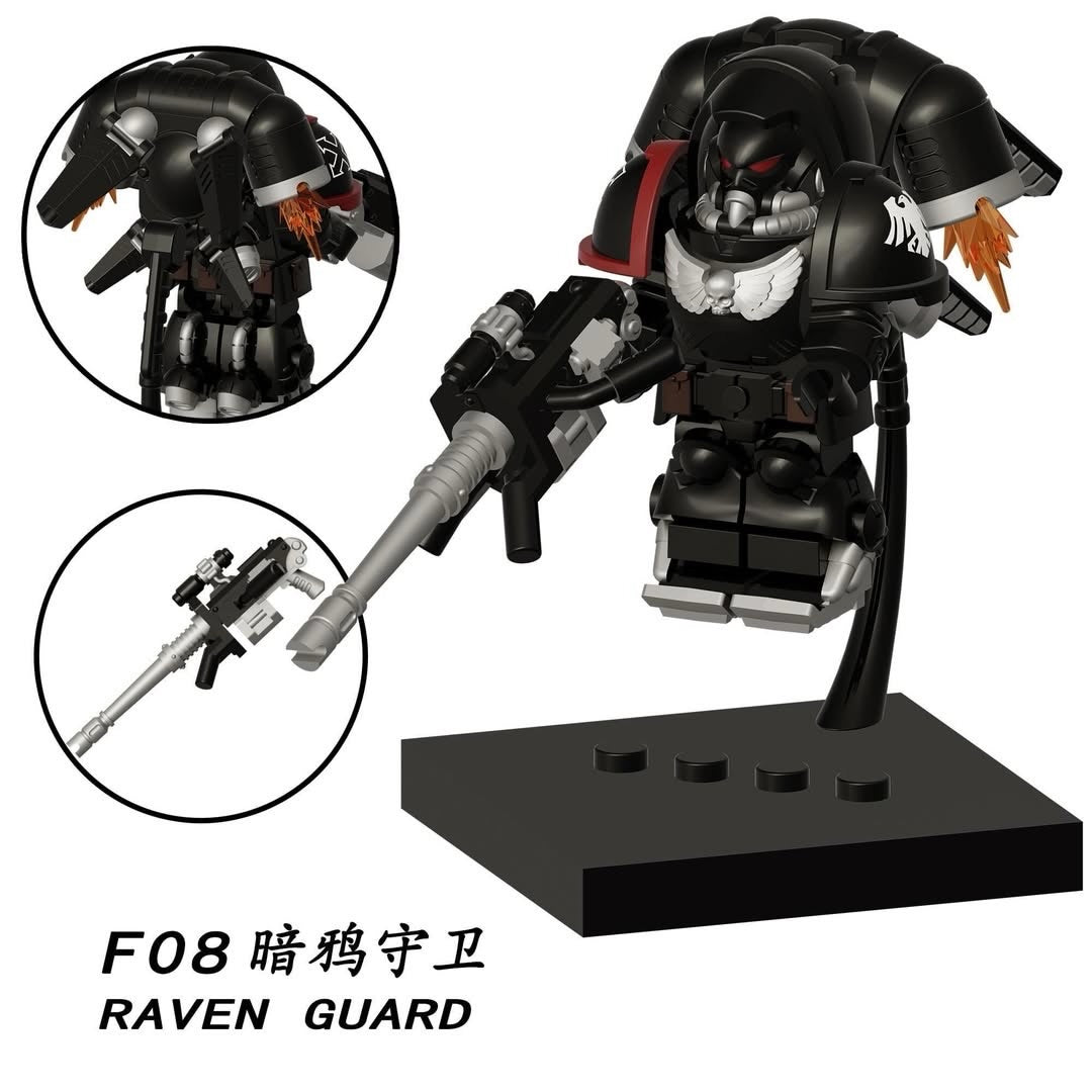 Black and gray Raven Guard toy building block figure on a display stand, shown with two circular inset detail views of the head and weapon, plus the text 'F08 暗鸦守卫 RAVEN GUARD' on a white background.