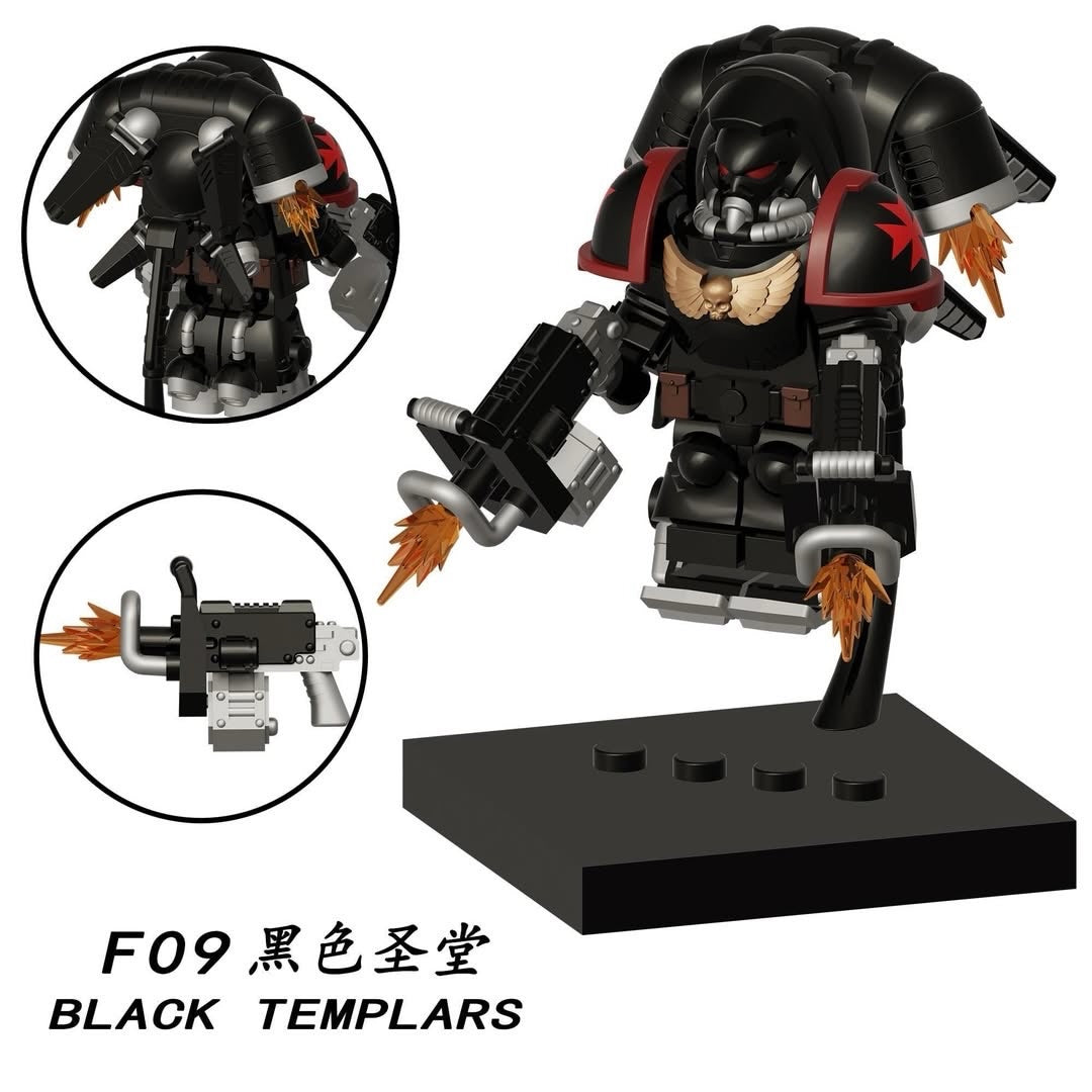 A black armored toy building-block figure displayed on a black base, with two circular inset detail views showing the back and a weapon. Text at the bottom reads 'F09 BLACK TEMPLARS'.