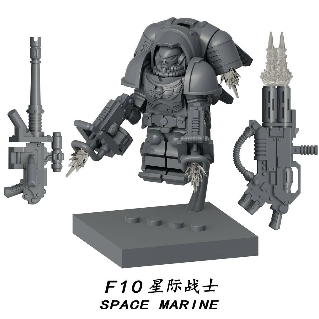 A gray unpainted plastic or resin miniature of an F-10 Space Marine, shown with its weapon attachments and a display base on a white background with Chinese and English text at the bottom.