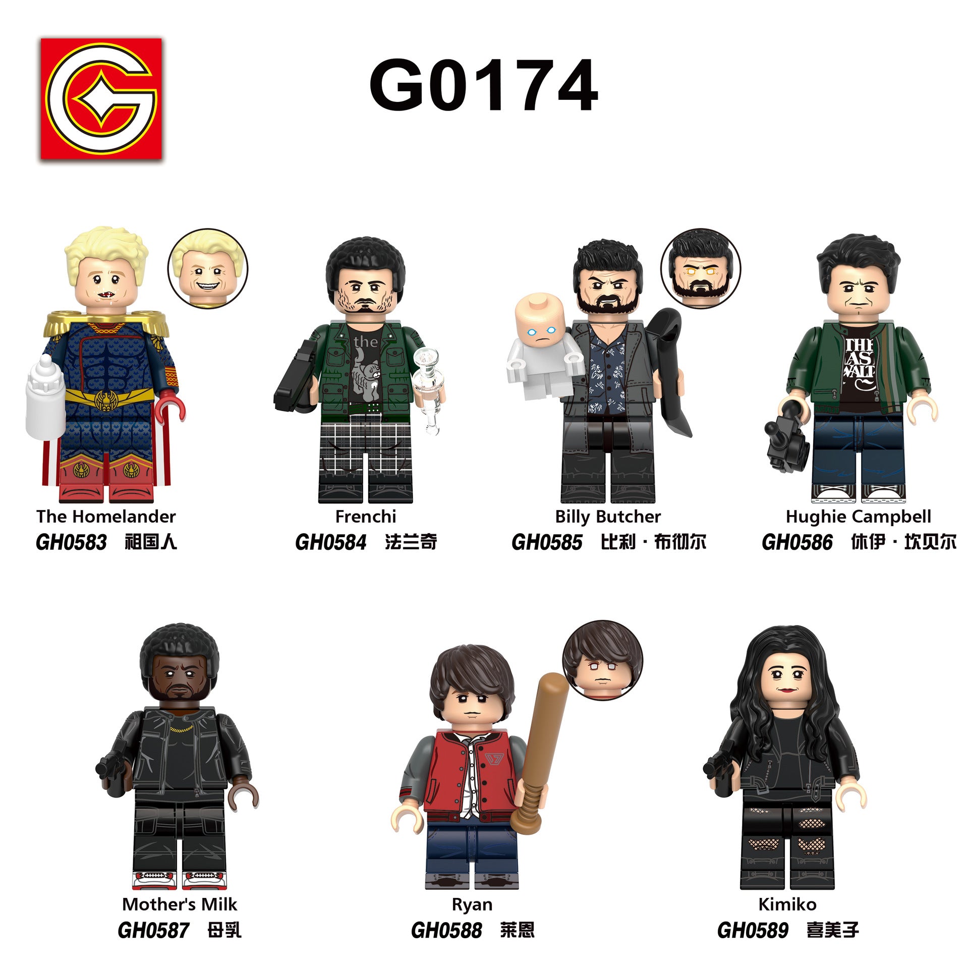 A product catalog sheet showing multiple custom LEGO-style minifigures with printed names, character art, and model numbers on a white background. The sheet includes a red-and-yellow 'G' logo at top left and the text 'G0174' at top center.