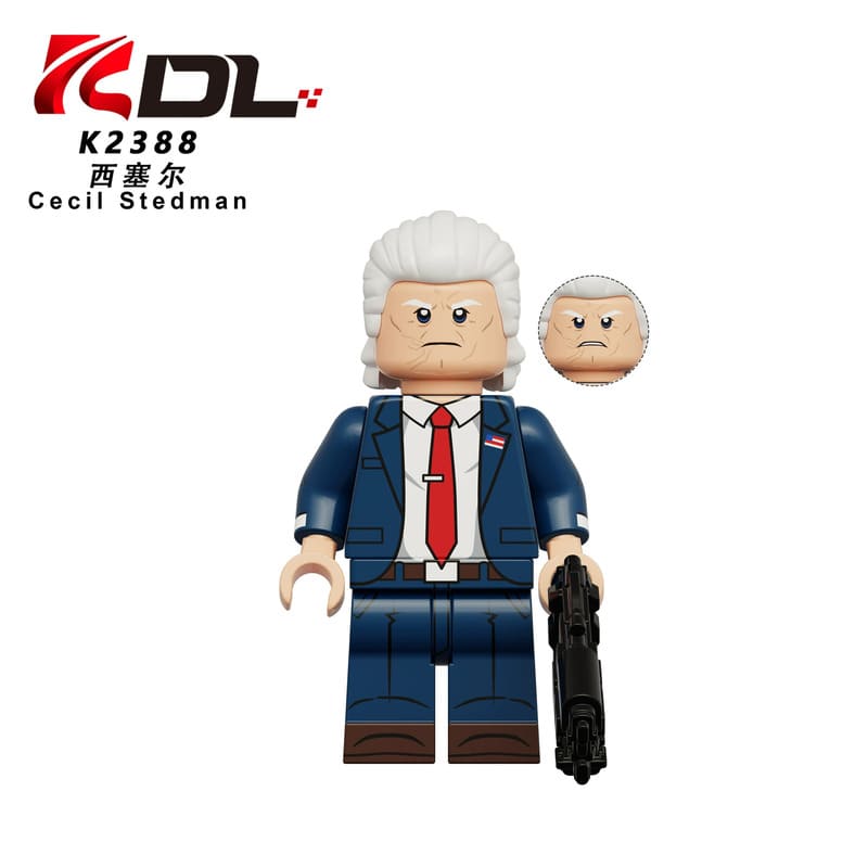 Toy figure of a man in a suit with a gun, branded 'DL' on a white background.