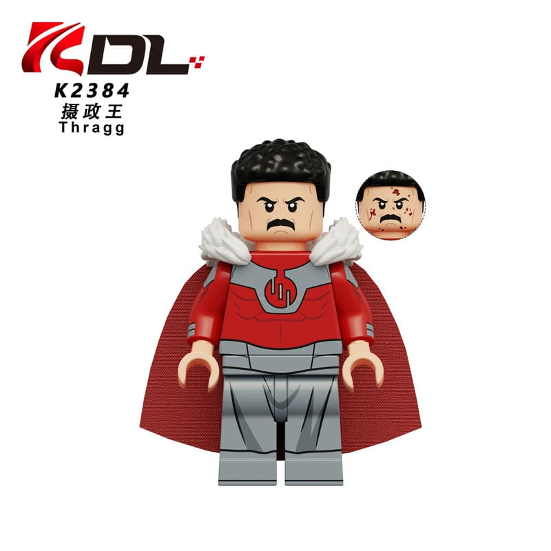 A building block minifigure of Thragg, the leader of the resistance, wearing a red and gray costume with a white fur collar and a red cape. The image includes a logo in the top-left corner with the text 'DL', 'K2384', and 'Thragg', and a circular inset showing a close-up of the face piece.