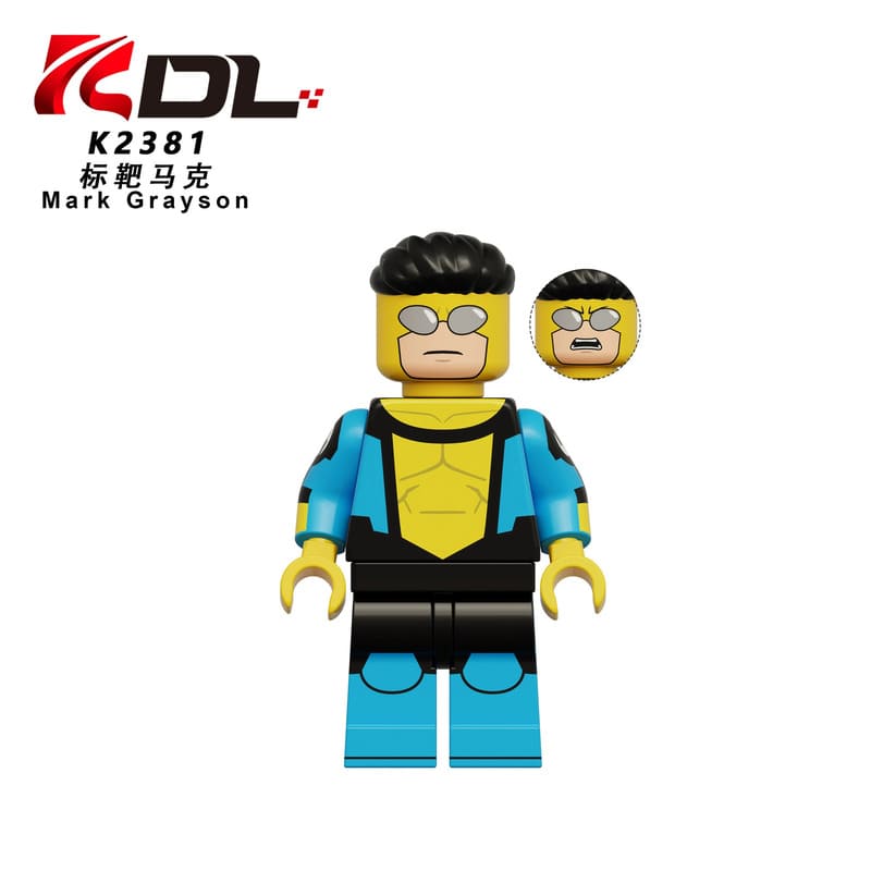 Toy figure with black hair, yellow face, blue outfit, and goggles on a white background with DL logo.
