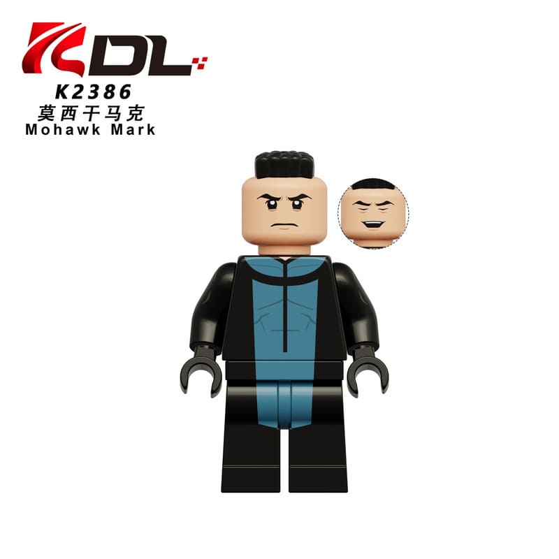 Toy figure with a face swap feature on a white background, featuring the brand 'DL'.