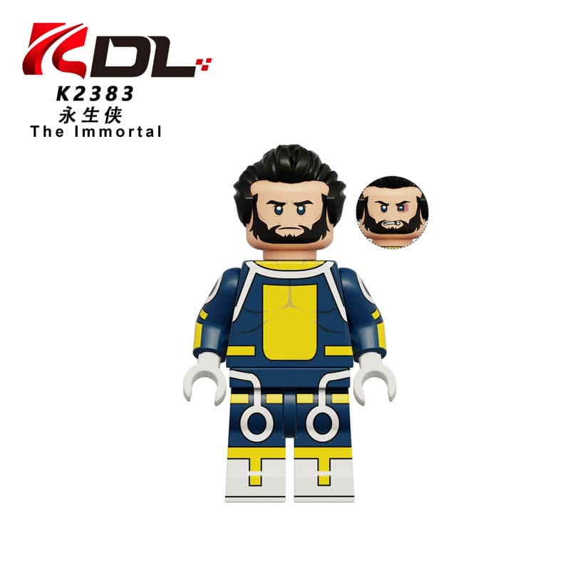 Toy figure with a bearded character in a blue and yellow outfit, featuring the brand 'DL' on a white background.