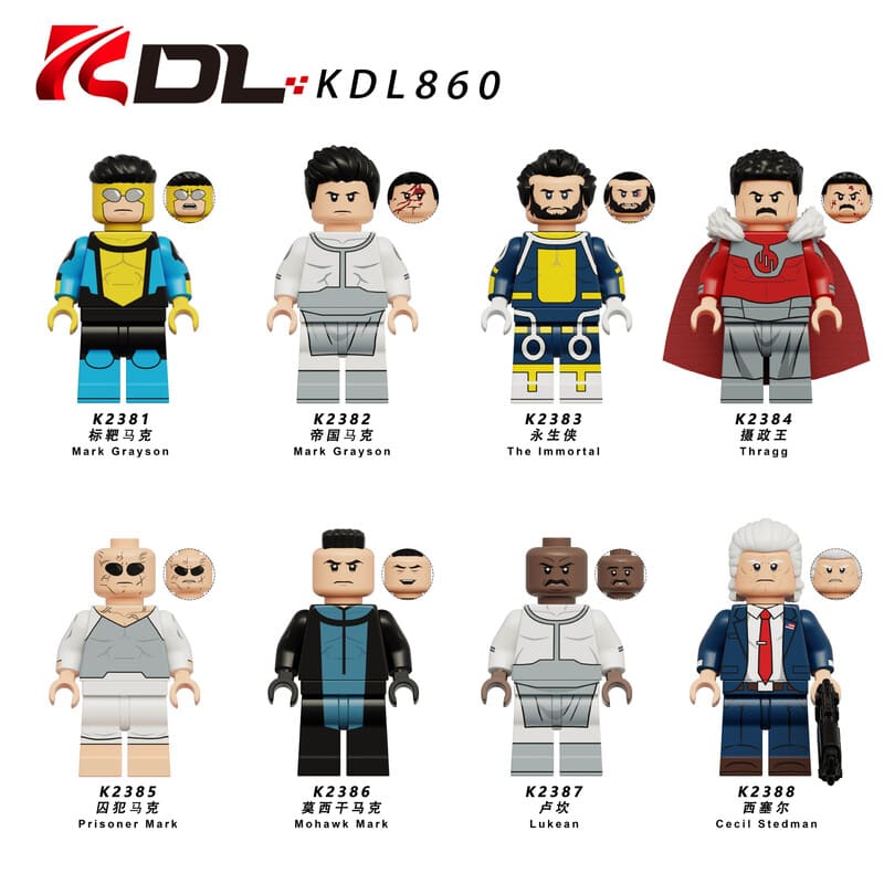 Collection of toy figures with labels on a white background, featuring the brand 'DL'. Minifigures from the amazon series 'Invincible'