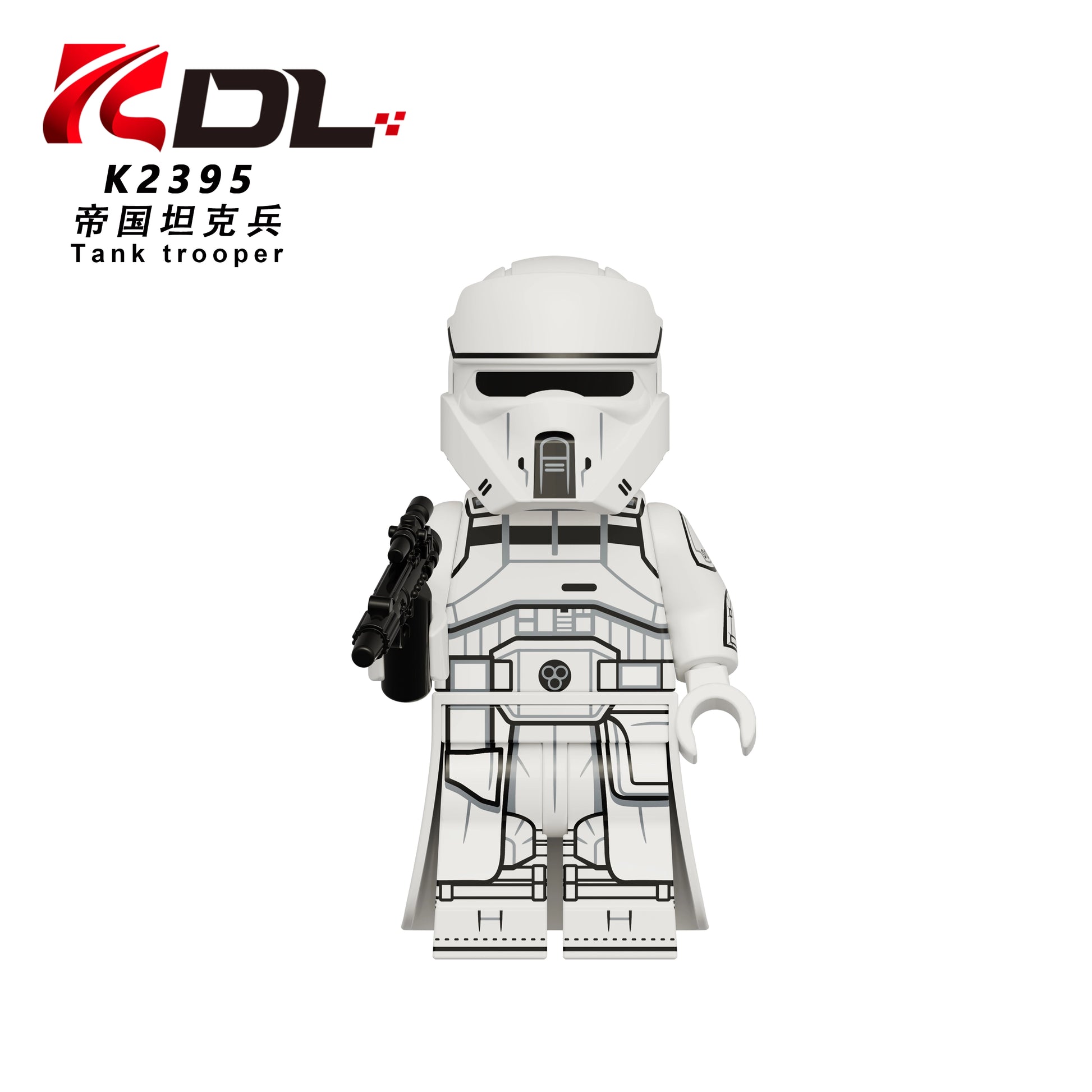 A white and black Star Wars toy minifigure torso representing a tank trooper, shown against a plain white background with a red and black 'DL' brand logo and text in the top-left corner.