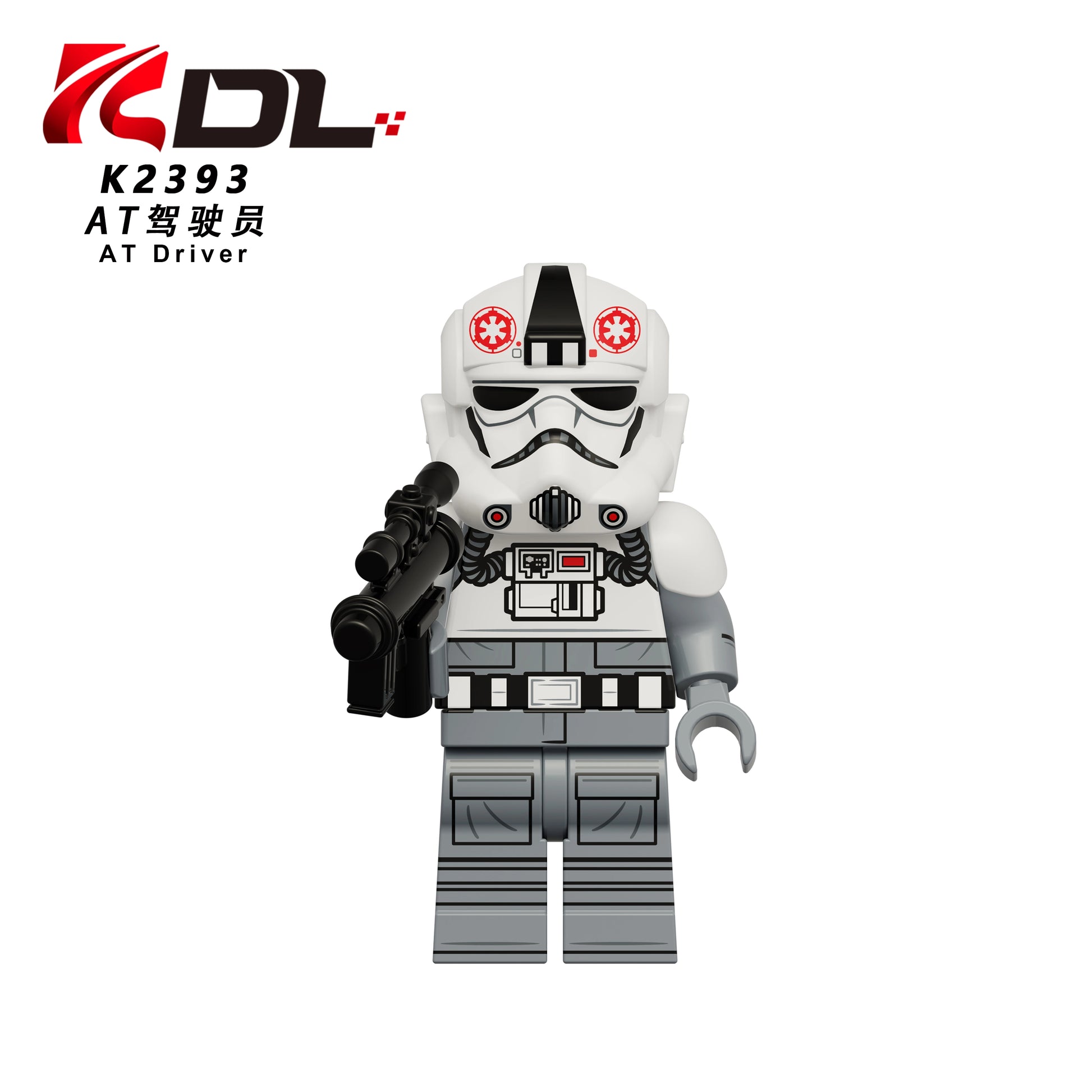 A custom-built toy minifigure of an AT Driver stormtrooper, featuring a white helmet with red star insignias, black visor, and a black blaster, set against a plain white background with a product code label in the top left corner.