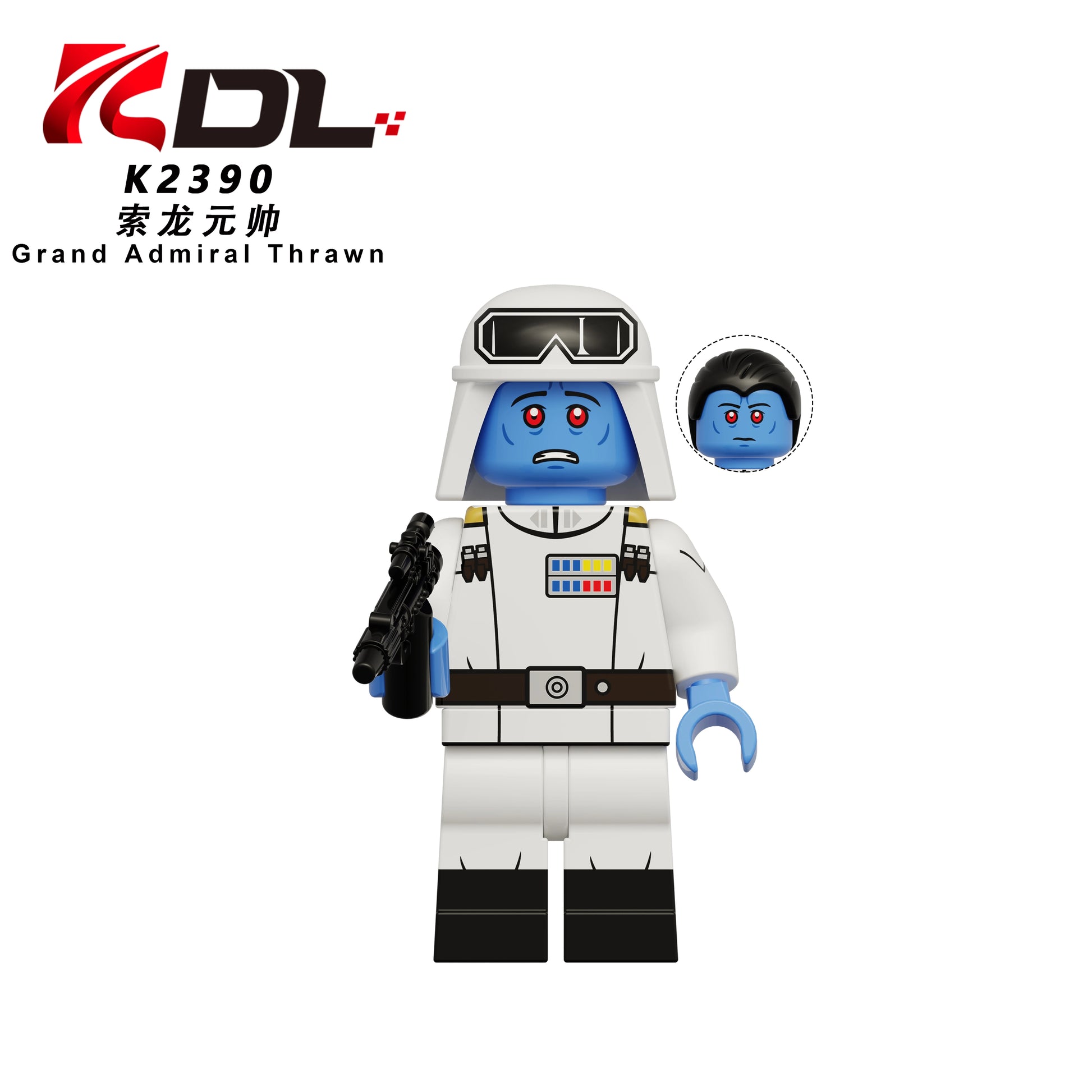 A toy minifigure of a blue-skinned Grand Admiral Thrawn in a white uniform with black boots and accessories, shown on a white background with a brand logo and an inset showing an alternate head.