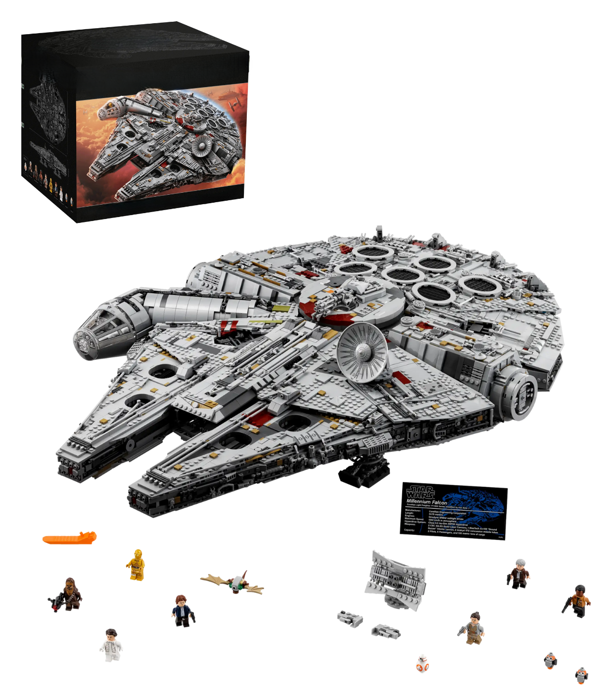 Star Wars Millennium Falcon model kit with packaging and figures on a white background