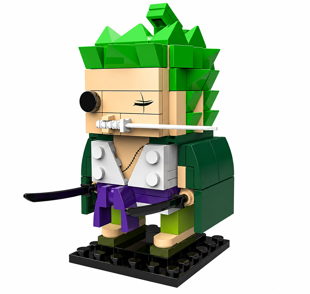 A block-style toy figure resembling a cartoon character with bright green spiky hair, a beige face and hands, a dark green outfit, white chest panel, purple sash, and black sword accessories, standing on a black base against a plain white background.