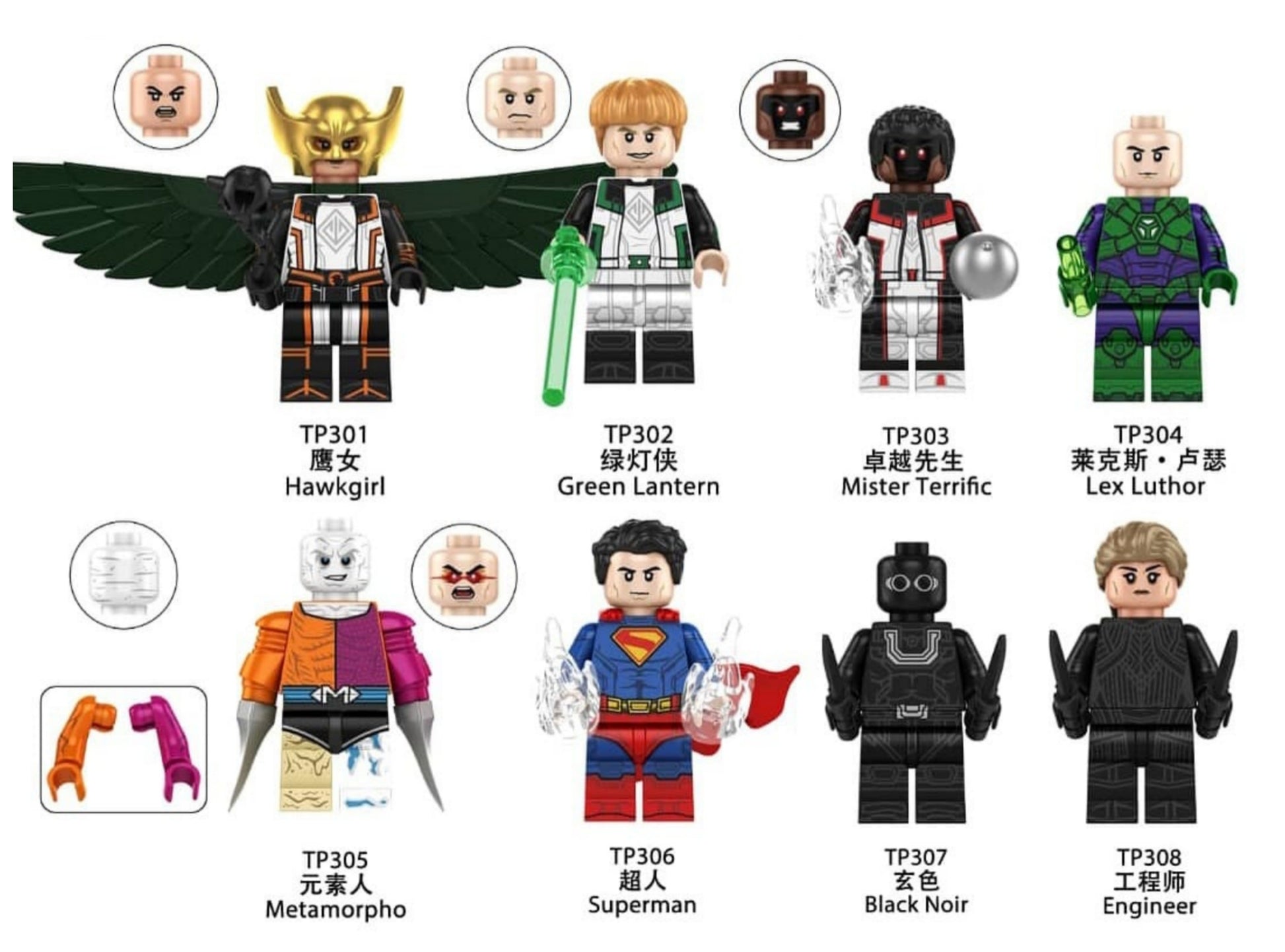 TP1038 Superhero Eagle Woman Green Lantern Elemental Human Black Luthor Minifigures