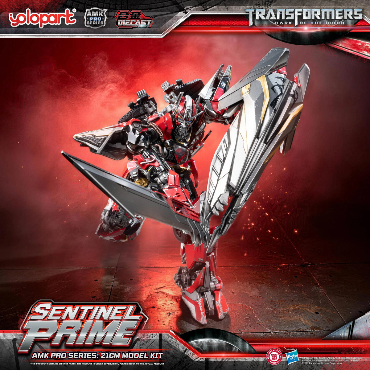 Alt Text 3 (Weapon Split Dual-Wield Pose): Close-up promotional angle of Sentinel Prime dynamic-posing while dual-wielding the Primax Blade split into two separate swords. The shot emphasizes the intricate textures of the metallic red torso plates, the detailed sculpted mechanical wiring underneath the armor panels, and the sweeping cape-like armor segments arrayed across its back.