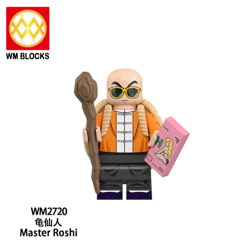 Toy figure of Master Roshi from WM Blocks on a white background