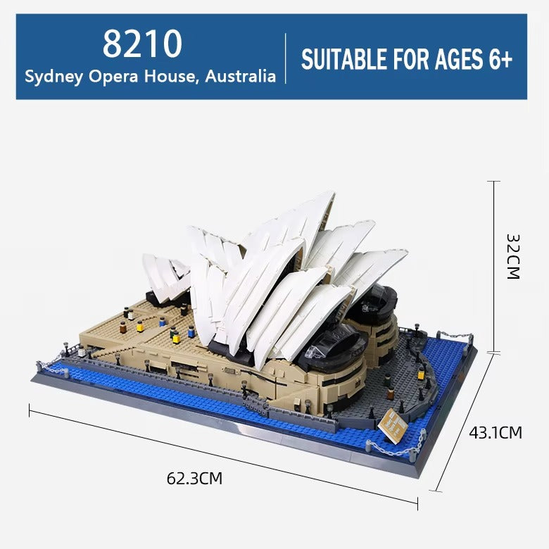 Model of Sydney Opera House made from interlocking bricks with dimensions and age suitability on a white background.