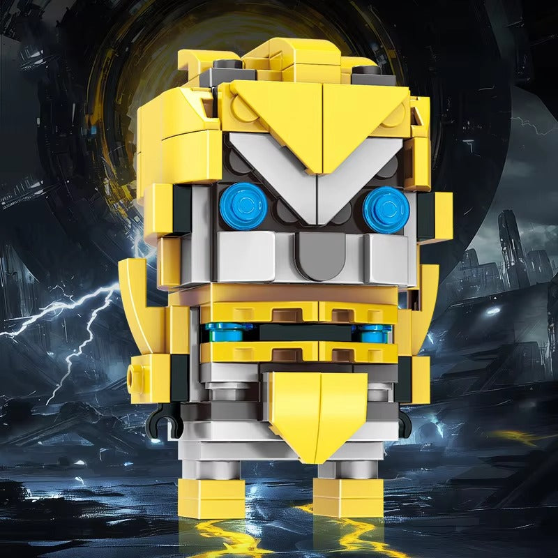 Toy robot figure with yellow, white, and blue colors on a dark background