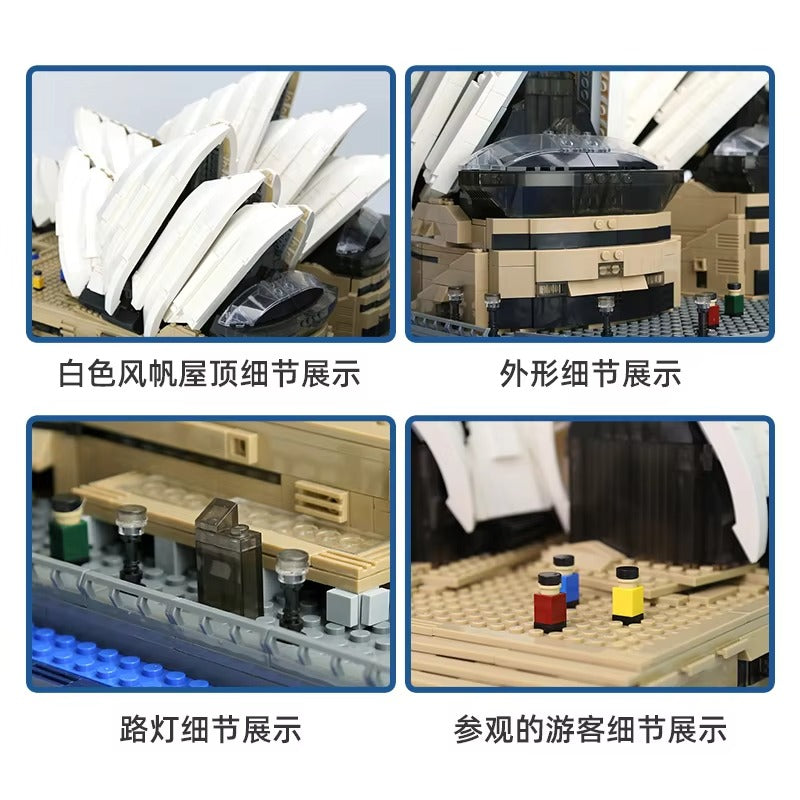 Model of a building with various details displayed, including white sails, roof, and visitors.