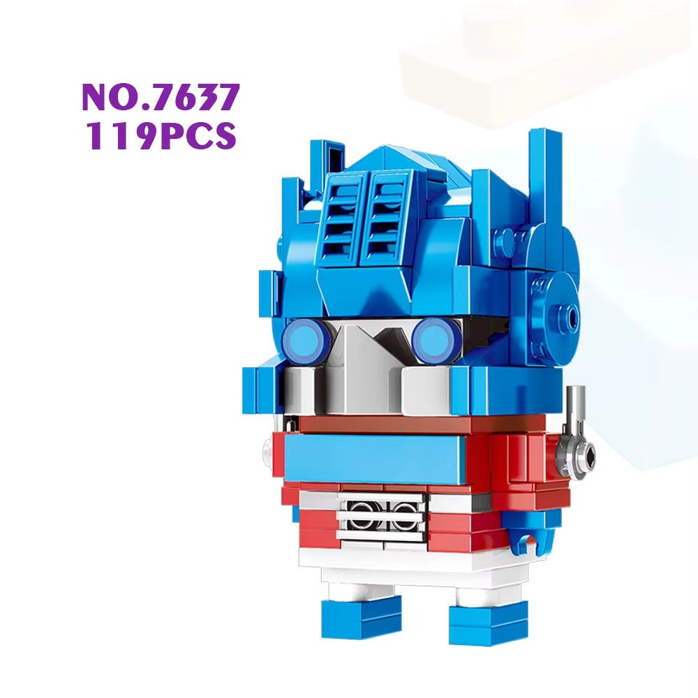 Toy robot figure made of interlocking bricks with blue, red, and silver colors on a white background.