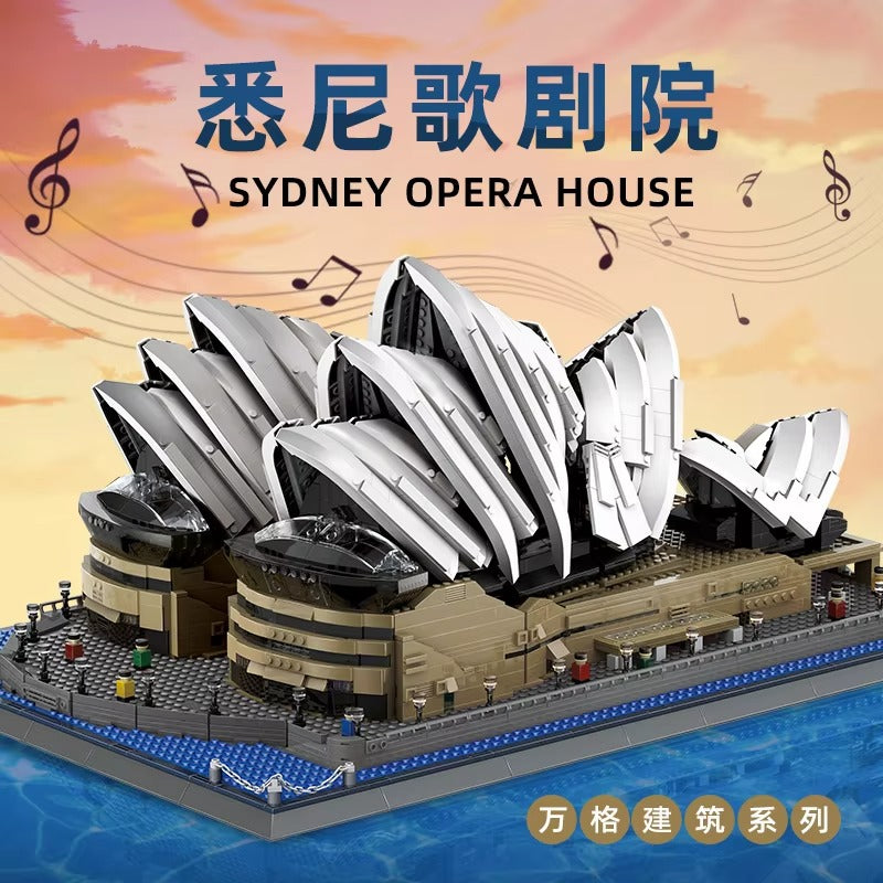 Model of the Sydney Opera House with musical notes and text on a scenic background