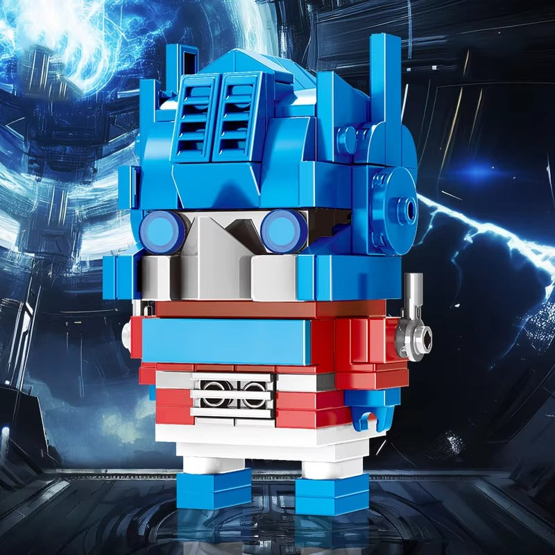 Toy robot figure with blue, red, and white colors against a futuristic background.