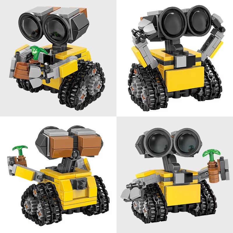 Toy robot model with yellow body and black wheels on a white background