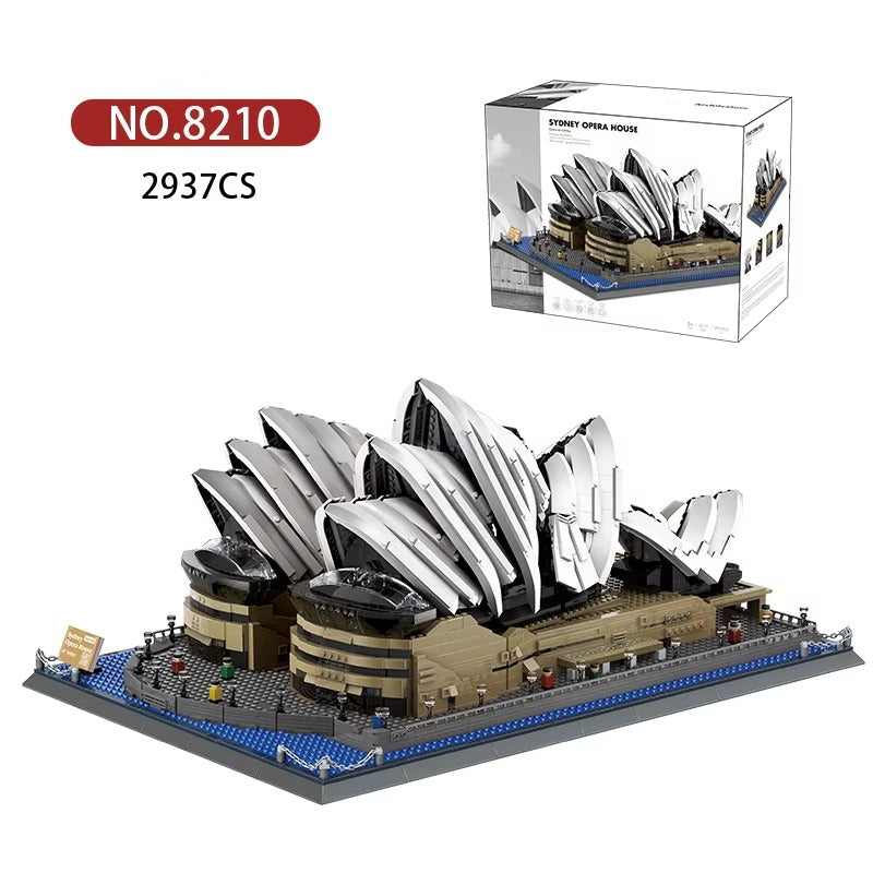Model of the Sydney Opera House made from interlocking bricks with packaging in the background.